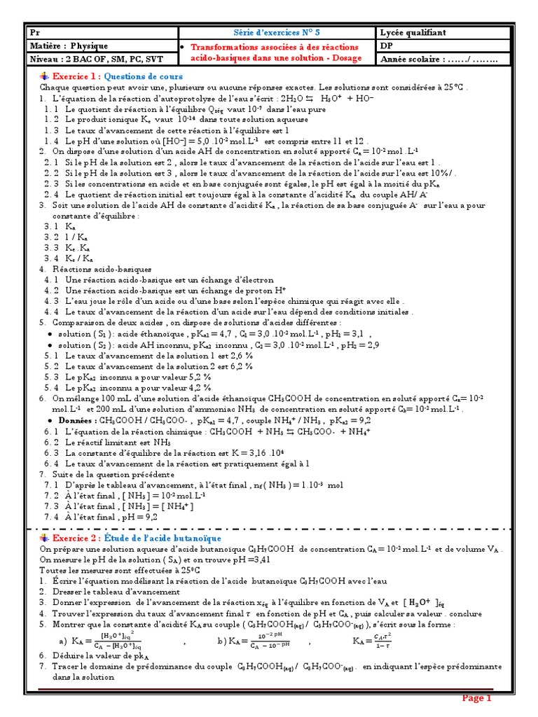 Exercices de Dosage Acido-Basique 2 Bac | PDF | Chimie | Titrage