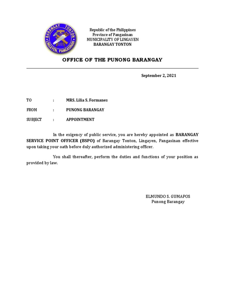 Appointment of Barangay Service Point Officer | PDF
