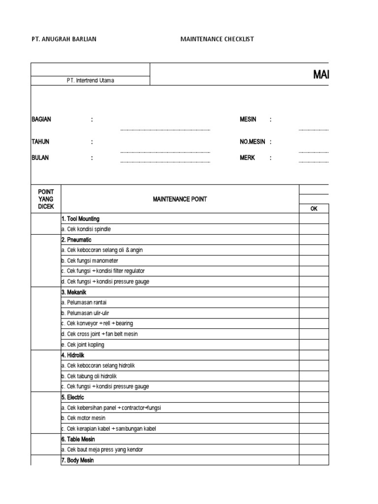 Checklist Pemeliharaan Mesin Lengkap | PDF