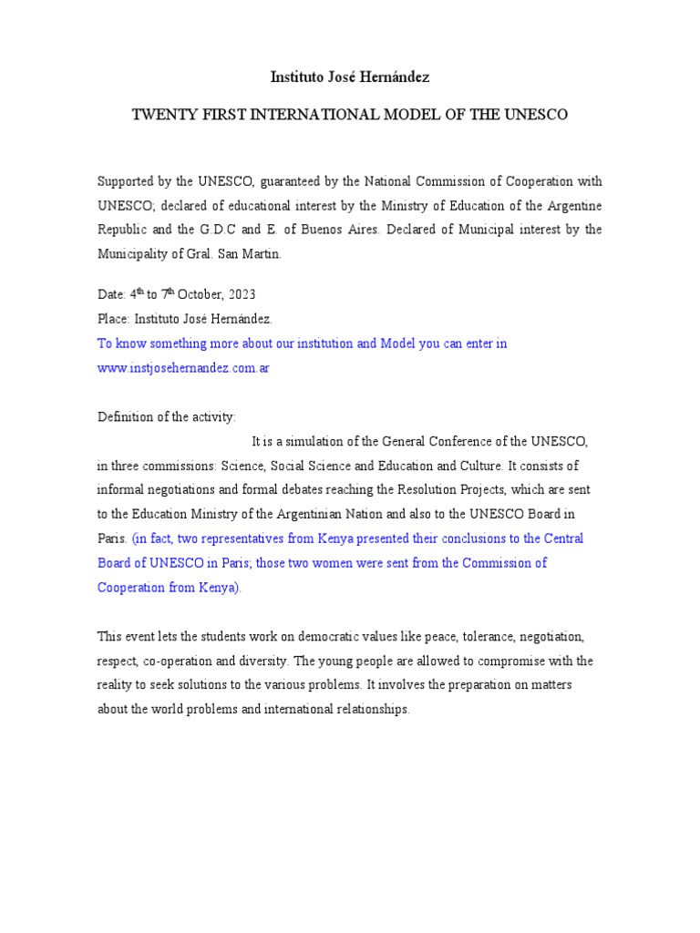 UNESCO Model Event at Instituto Hernández | PDF | Fee | Teachers