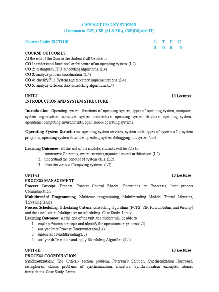 Operating Systems Course Code L T P C 3 0 0 3 PDF Process