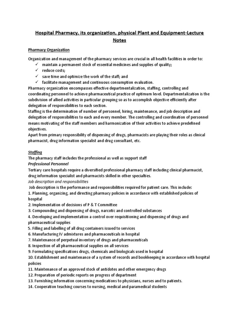 Hospital Pharmacy And Its Organization Lecture Notes Pdf Pharmacy