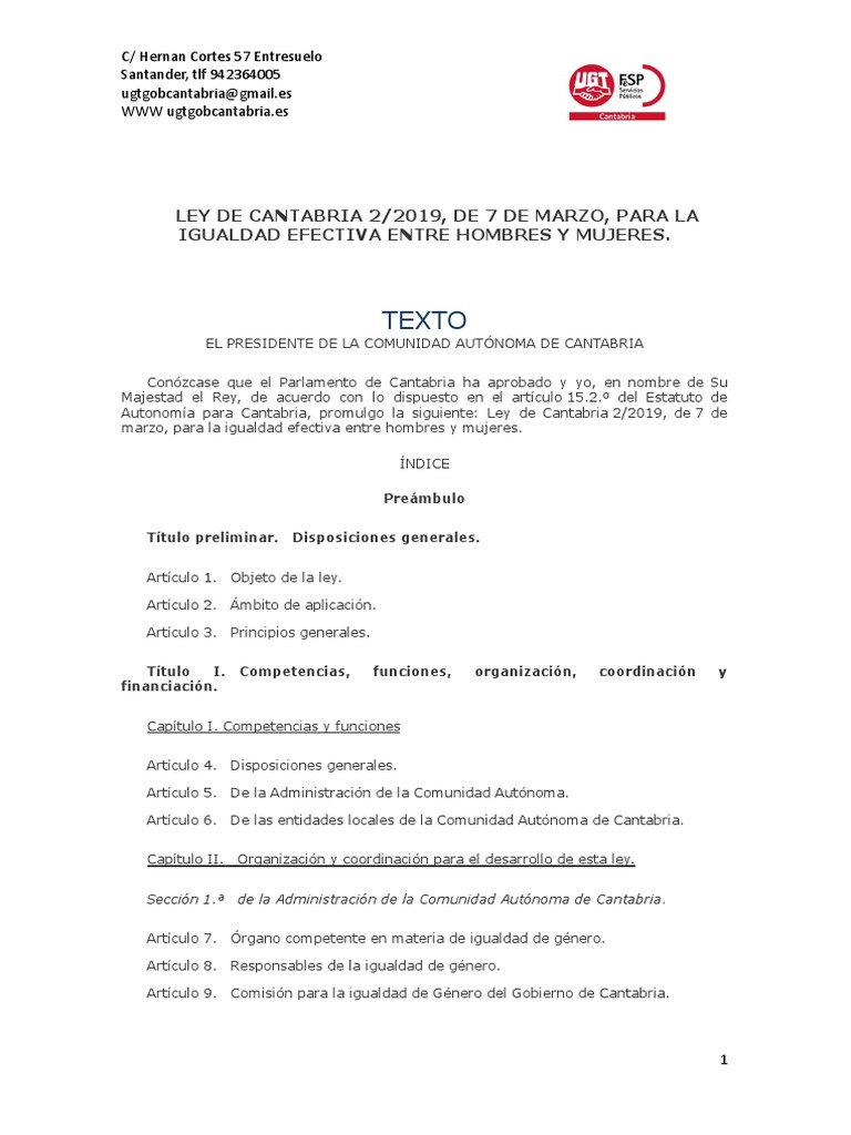 Tema 3 LEY DE CANTABRIA Igualdad para Ope | PDF | Igualdad de género ...