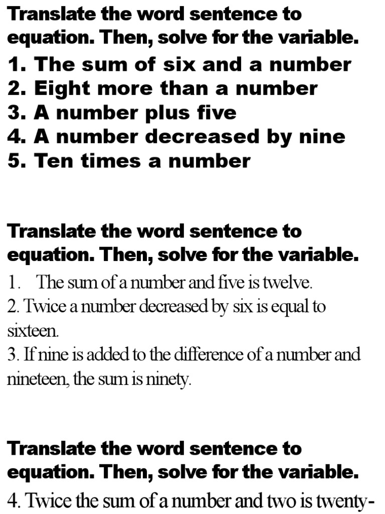 The sum of six and a number 2 eight more than a number 3 a number