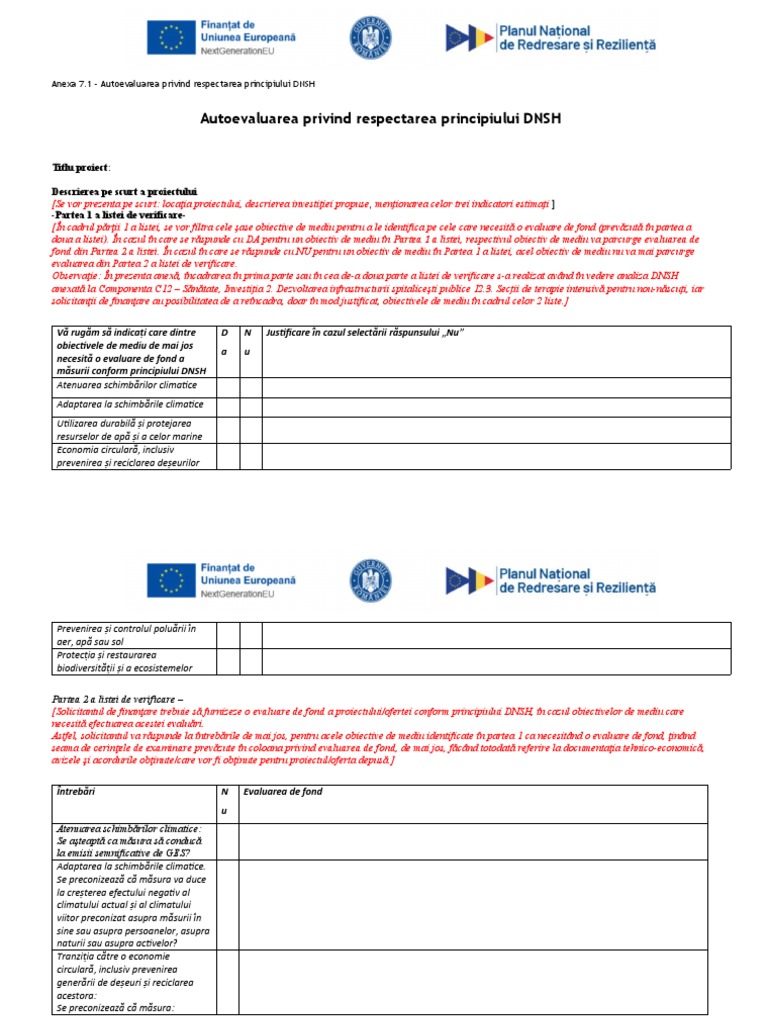 Anexa 7.1 Autoevaluarea Privind Respectarea Principiului DNSH 1 | PDF