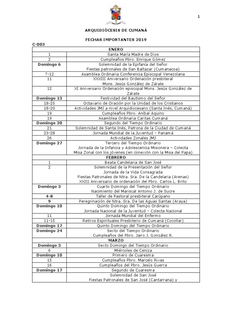 Calendario Arquidiocesano 2019 | PDF | Pascua de Resurrección | Prestado