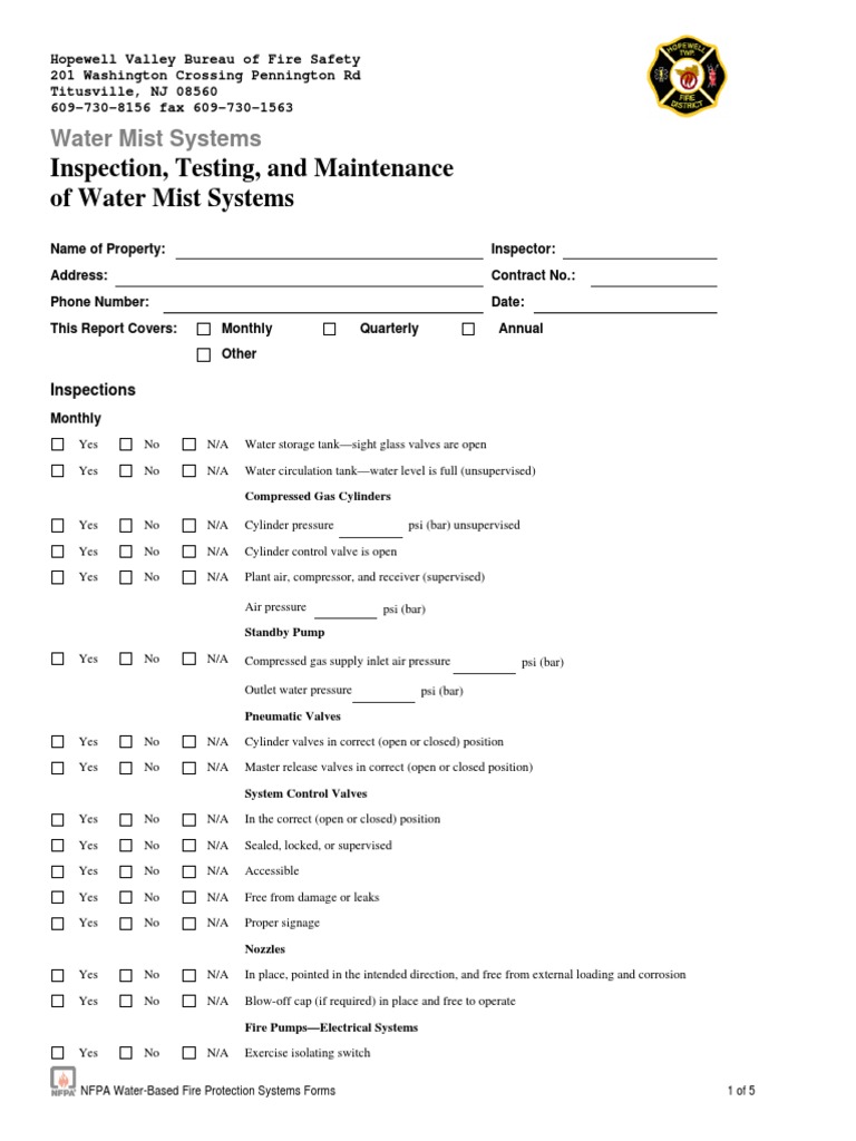 Water Mist System Inspection Report | PDF | Valve | Pump
