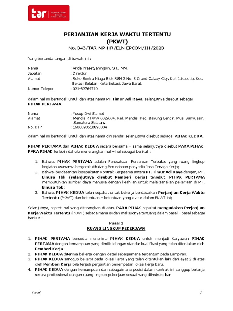 Perjanjian Kerja PT Timur Adi Raya | PDF | Pengelolaan Keuangan & Uang