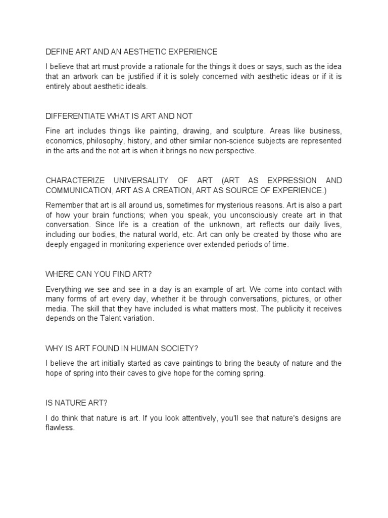 Define Art and An Aesthetic Experience PDF Aesthetics Experience