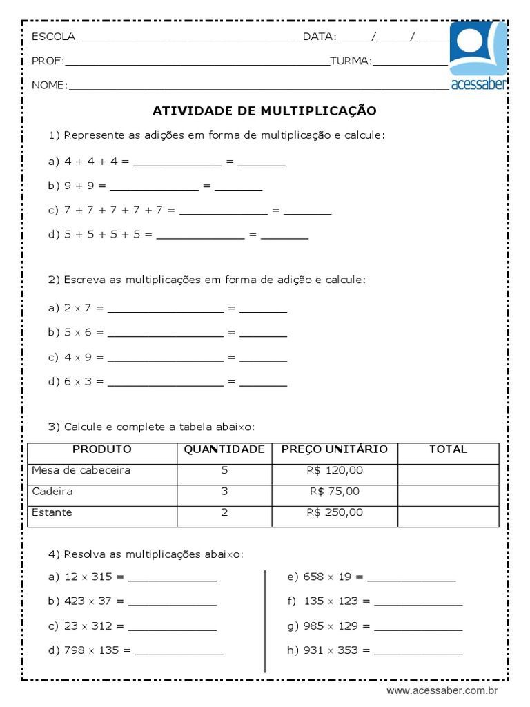 Atividade de Matematica Multiplicacao 4 Ano e 5 Ano | PDF