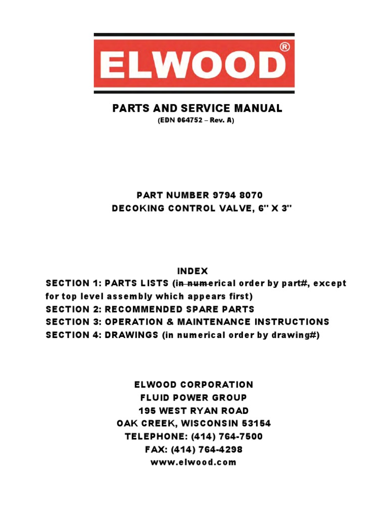 Elwood Parts and Service Manual PDF Screw Valve