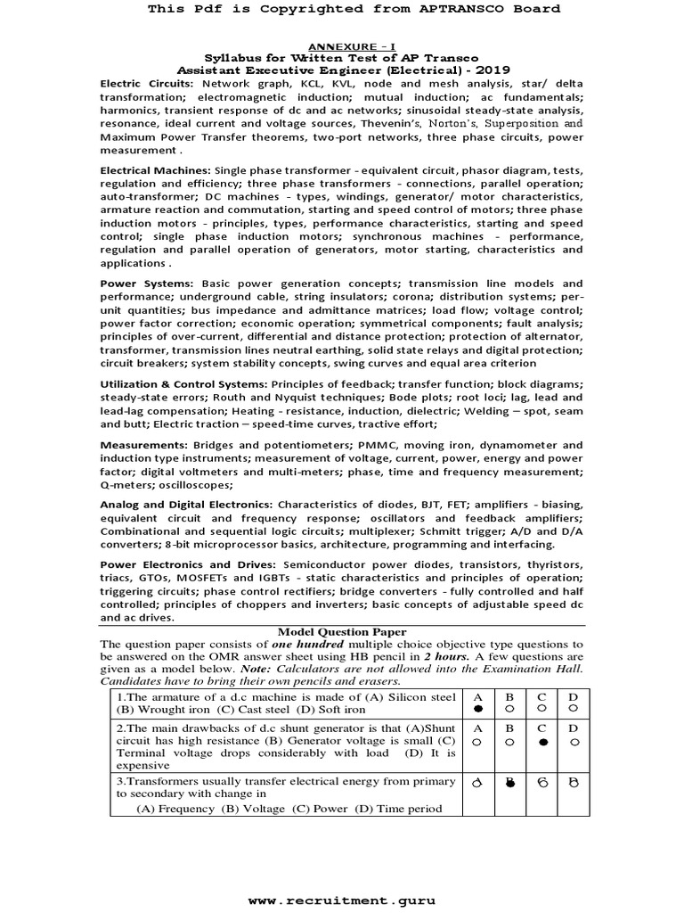 Aptransco Aee Syllabus 2019 | PDF | Electronic Circuits | Electric Motor