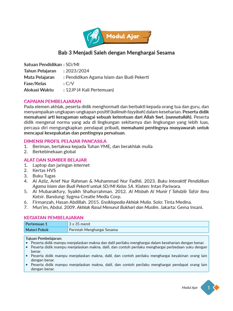 Modul Ajar PR PAI 5A 2023-2024 Bab 3 | PDF