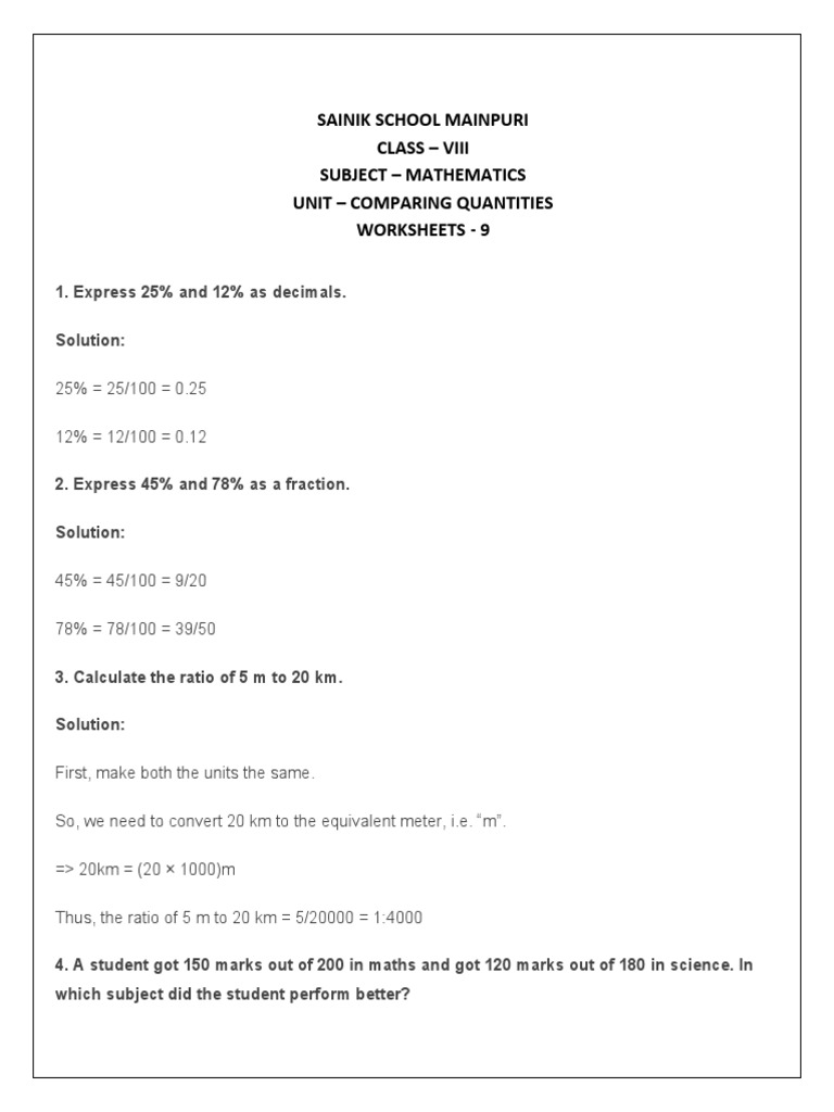 Class 8 Worksheets on Percentages | PDF | Ratio | Profit (Economics)