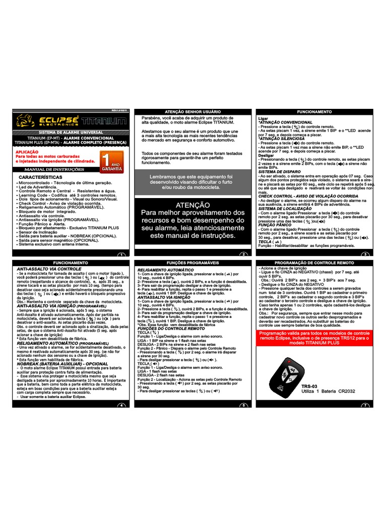 Manual do Alarme Eclipse TITANIUM | PDF | Motocicleta | Fonte de energia