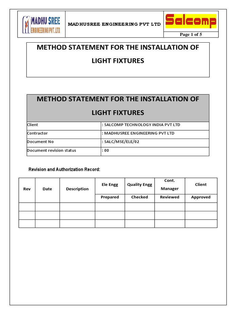 Light Fixture Installation Method Statement | PDF | Lighting ...