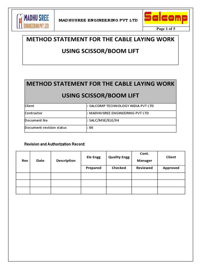 METHOD STATEMENT FOR Cable Laying Work Using Scissor or Boom Lift PDF