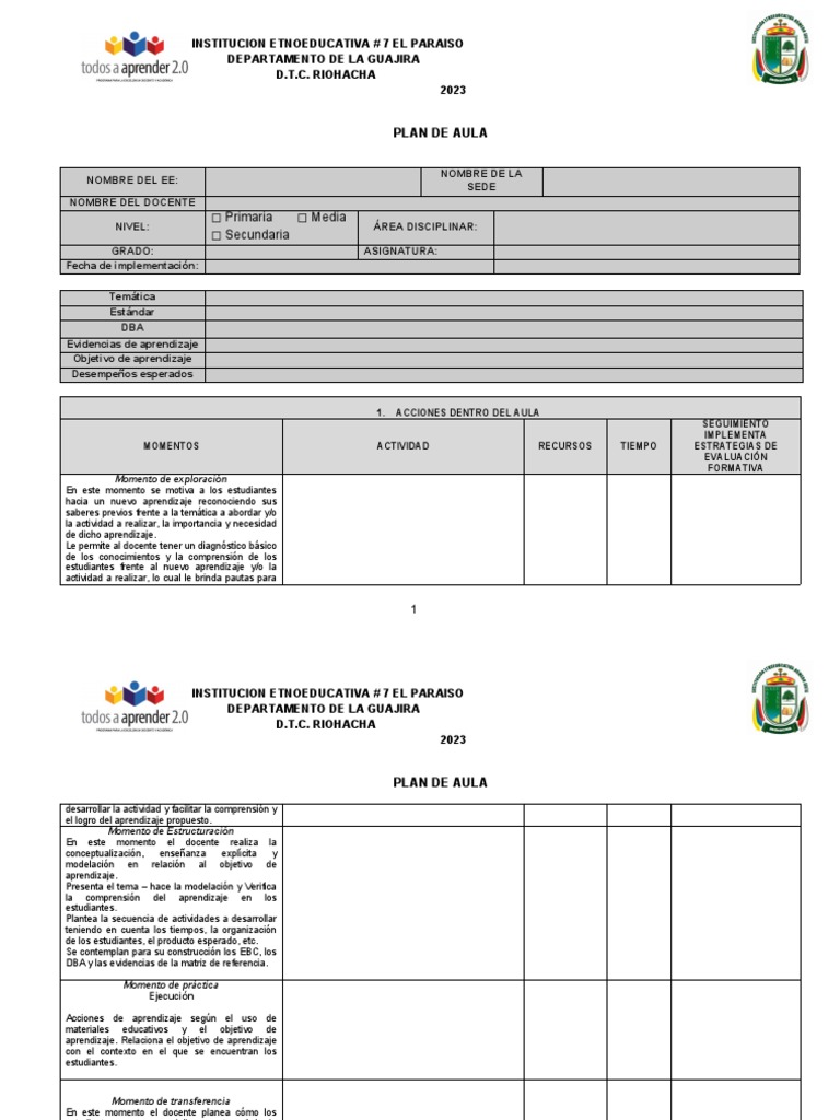 Plan de Aula para Educación Primaria | PDF | Salón de clases | Aprendizaje
