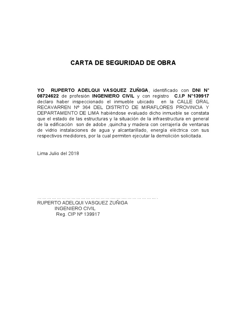 Carta Seguridad de Obra. | PDF
