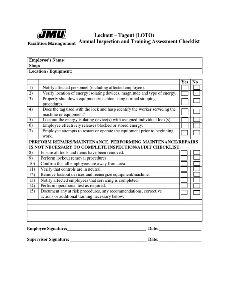 Lockout tagout annual inspection and training assessment checklist pdf