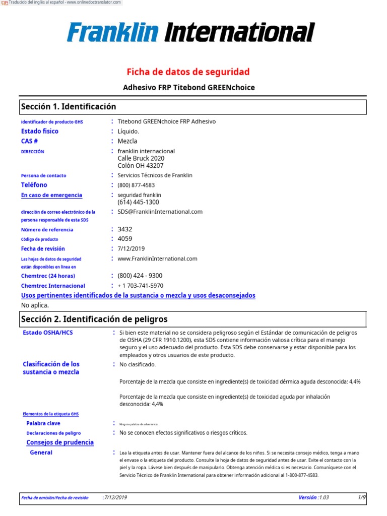 Titebond Greenchoice Fast Grab FRP Adhesive Sds En.es PDF