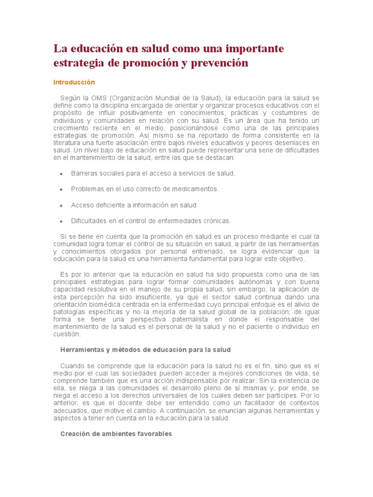 La Educación en Salud Como Una Importante Estrategia de Promoción y ...