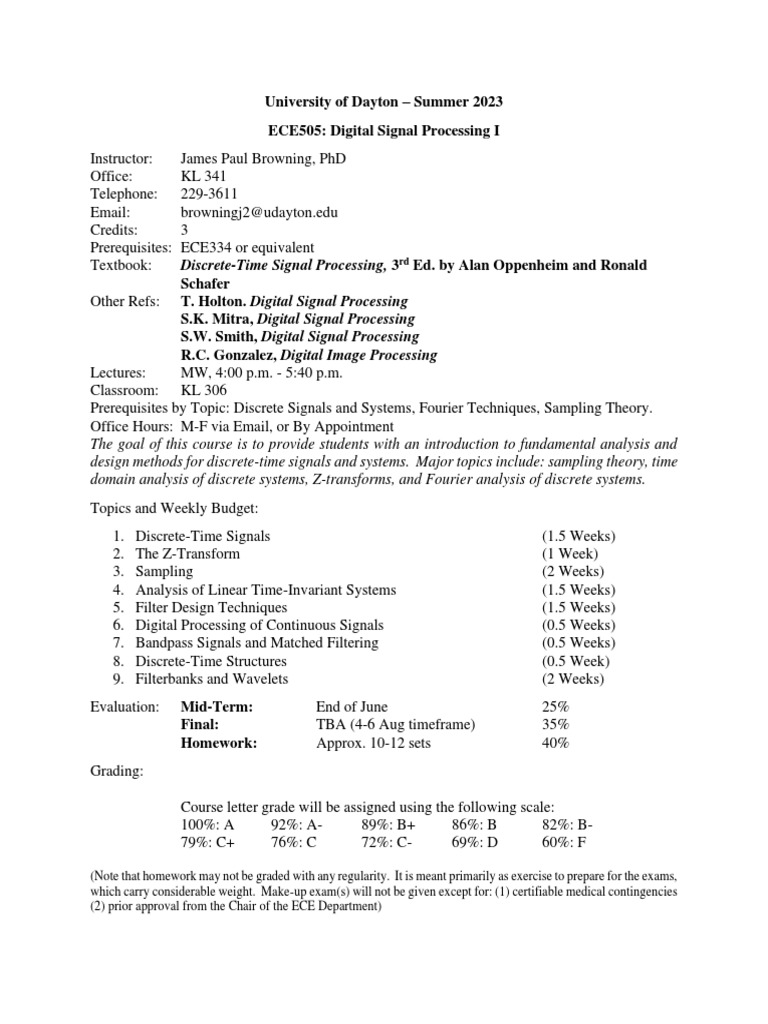 Browning - Ece505 Syllabus Summer 2023 | PDF | Signal Processing ...