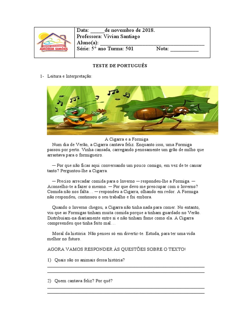 Teste de Português - 5º Ano | PDF | Artes Linguísticas e Disciplina ...