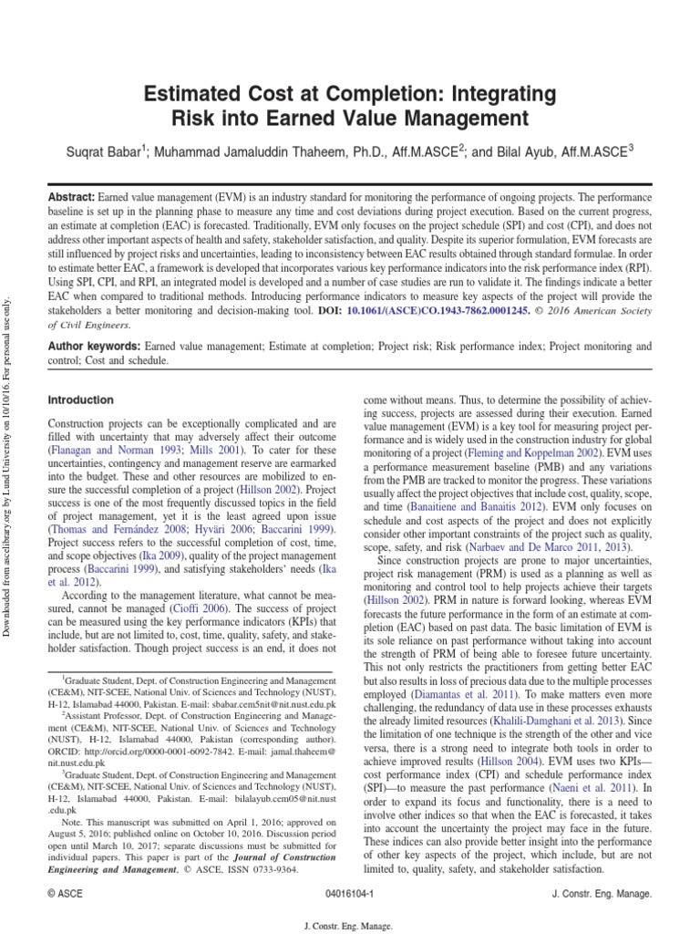 Estimated Cost at Completion Integrating Risk Into Earned Value | PDF ...