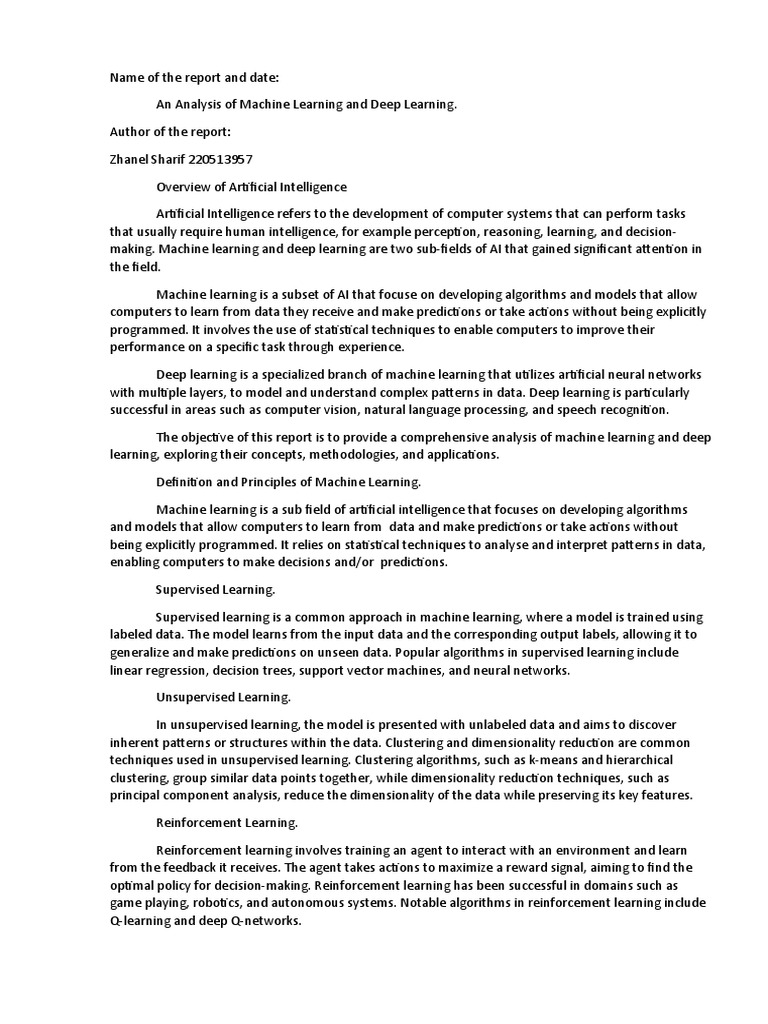 An Analysis of Machine Learning and Deep Learning Sharif Zhanel | PDF ...
