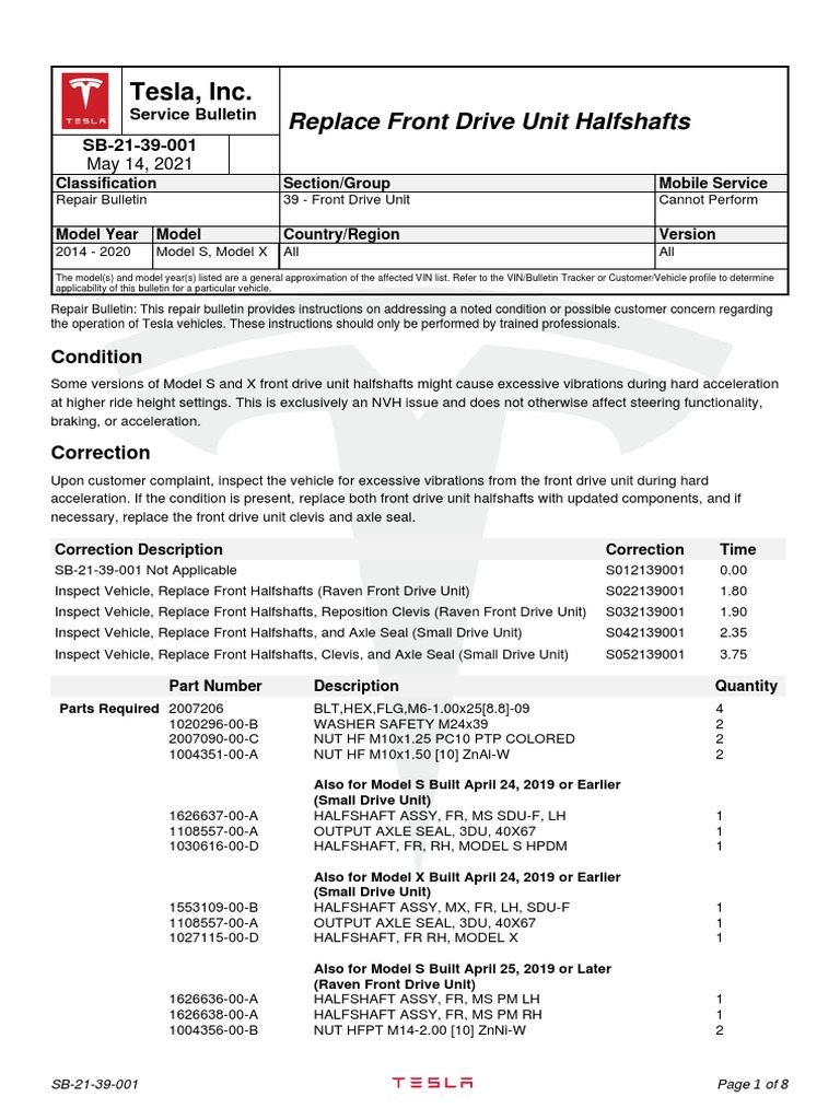 SB 21-39-001 Replace Front Drive Unit Halfshafts | PDF | Axle | Tesla ...
