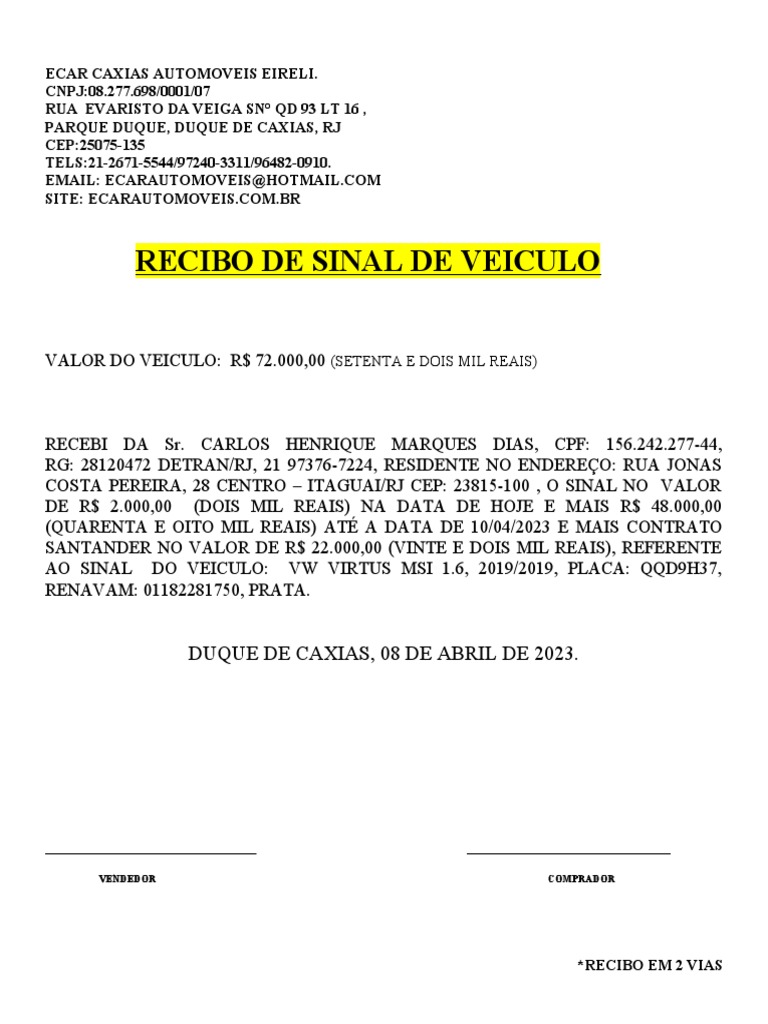 Recibo de Sinal e Compra de Veículo | PDF | Brasil