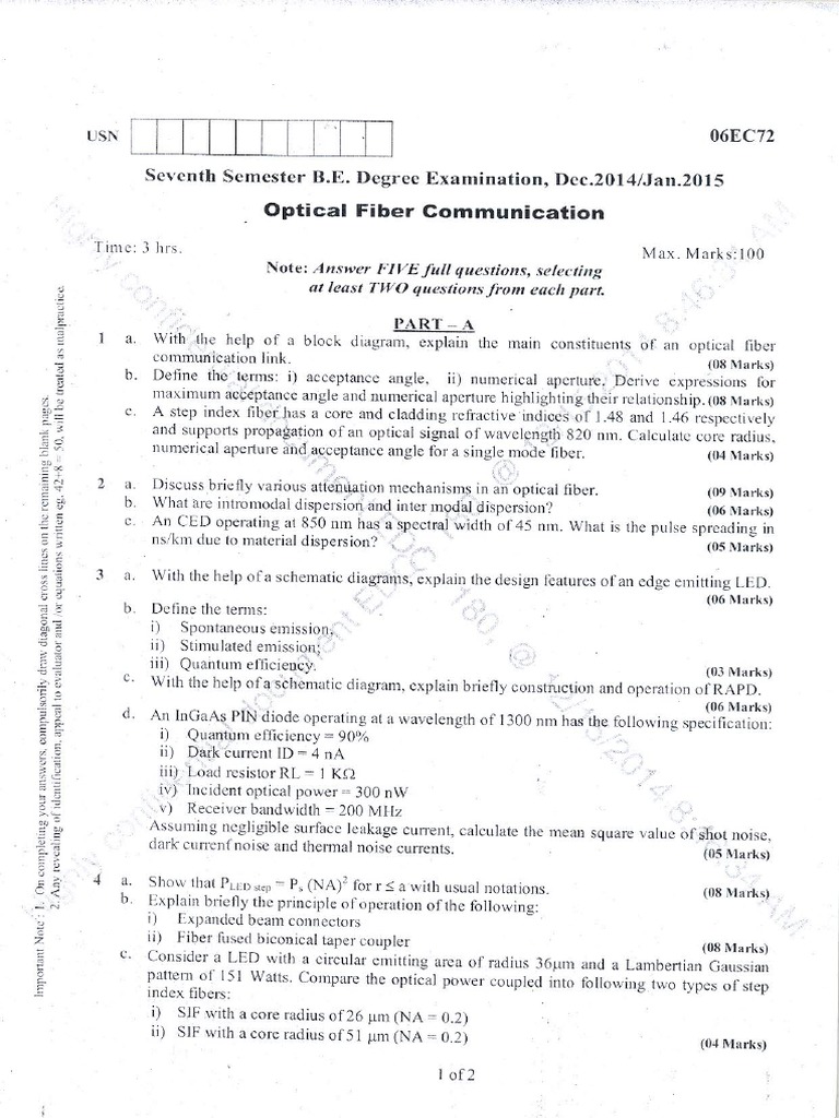 Optical Fiber Communication Exam Guide | PDF | Optical Fiber | Optics