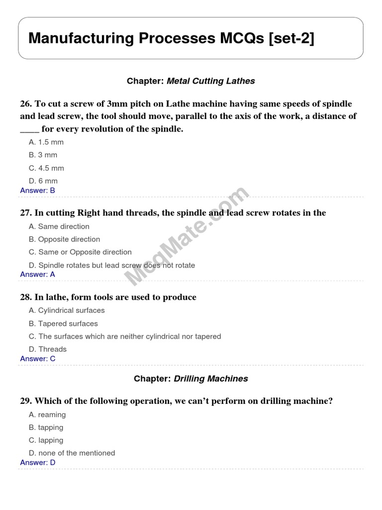 Manufacturing Processes MCQs Set 2 | PDF | Screw | Drilling