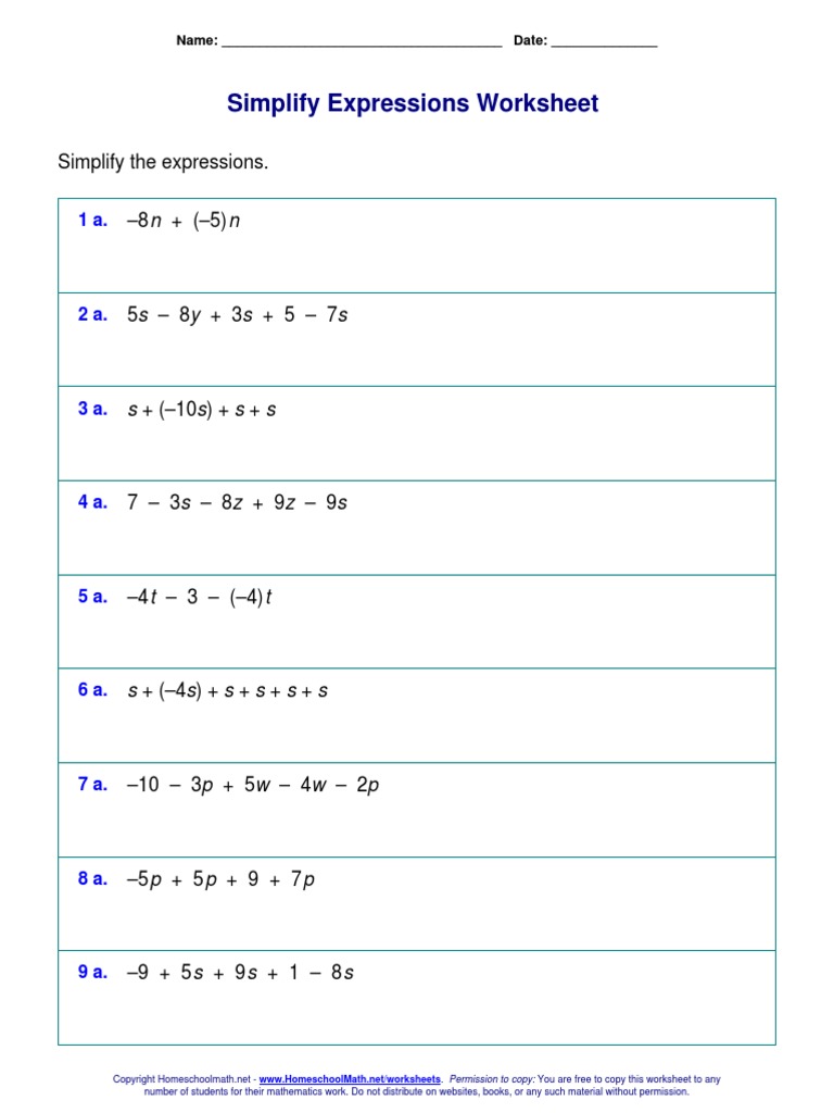 12.02 Simplify Expressions Worksheet | PDF