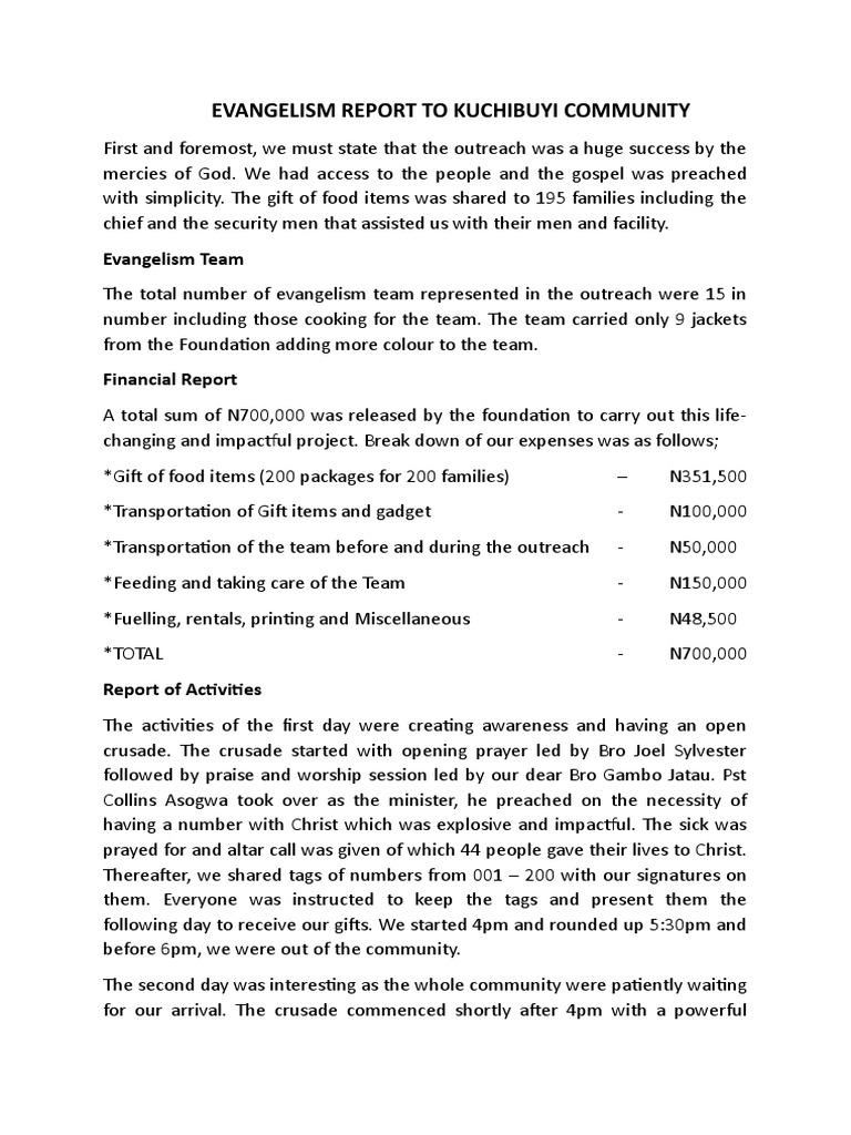Evangelism Outreach Report: Kuchibuyi Community | PDF | Jesus ...