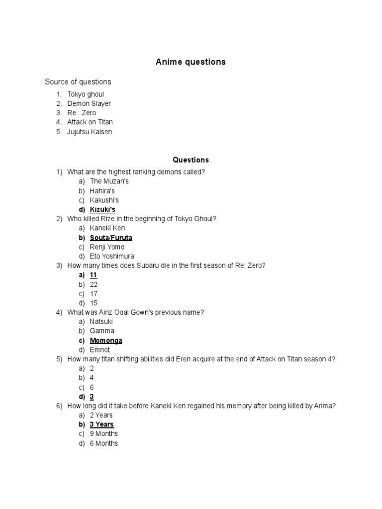 Anime Quiz: 100 Questions & Answers | PDF