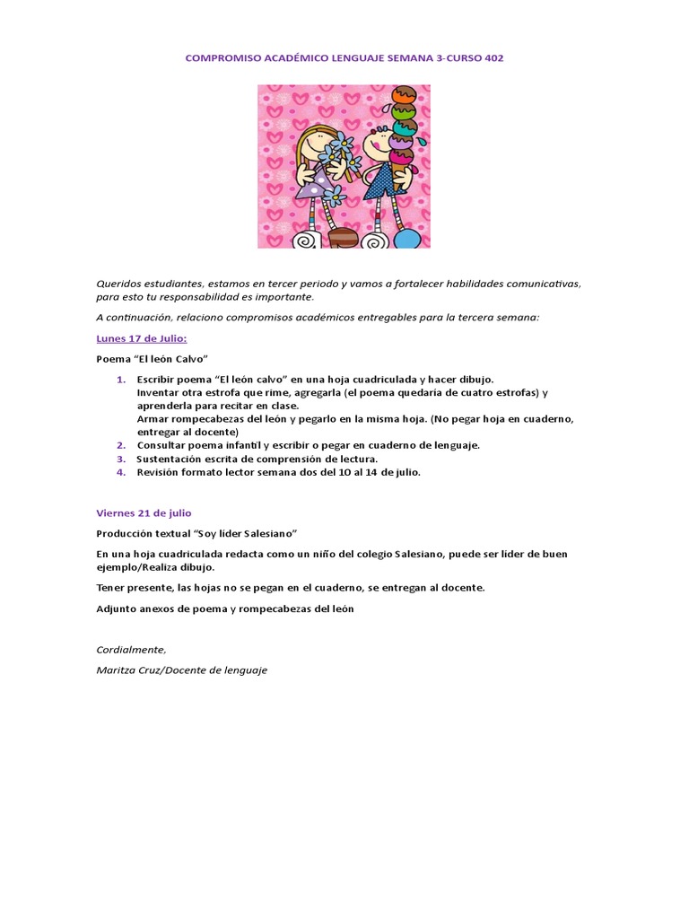 Tareas de Lenguaje Semana 3 Curso 402 | PDF | Artes del Lenguaje y ...