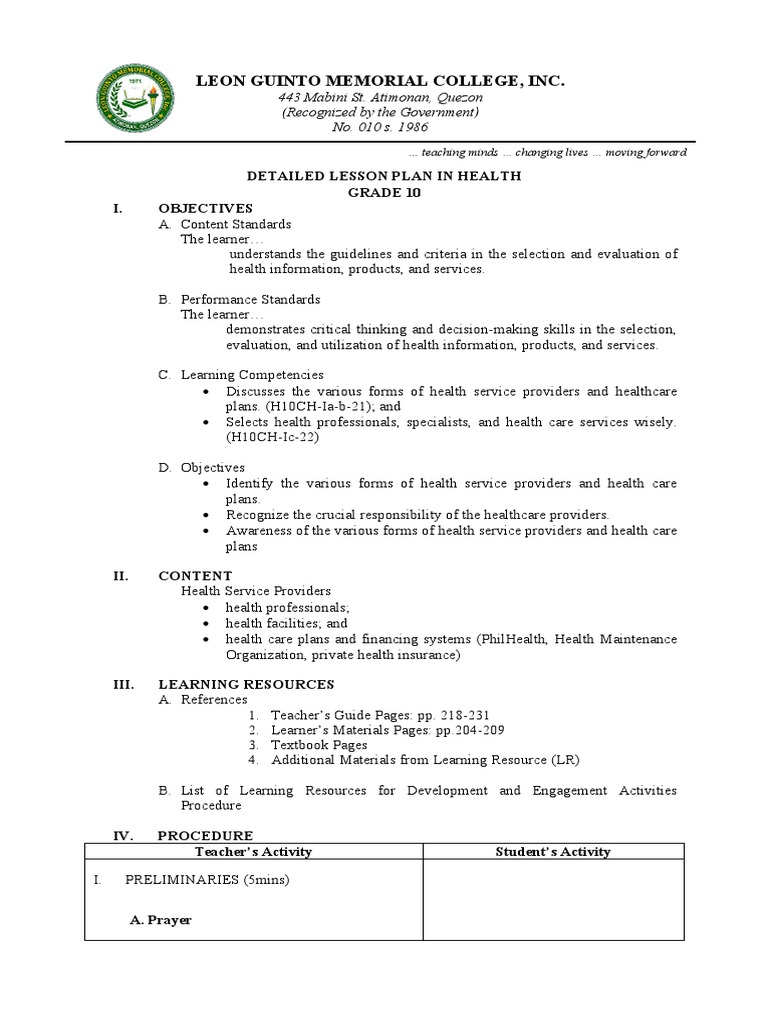 Health Lesson Plan for Grade 10 | PDF | Health Care | Surgery