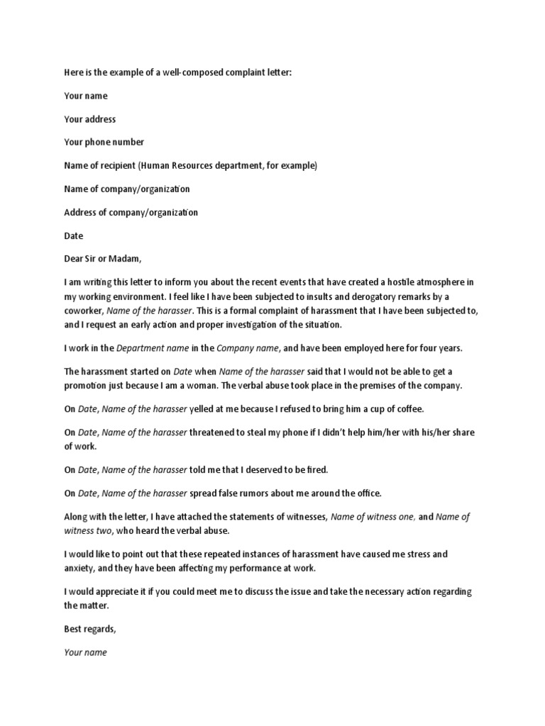 Sample Workplace Harassment Complaint Letter | PDF