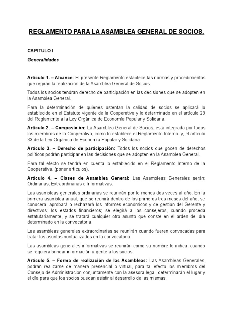 Reglamento Asamblea General de Socios | PDF | Regulación | Cooperativa