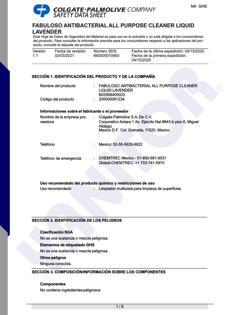 Hoja de Seguridad Fabuloso PDF Química Seguridad y salud ocupacional