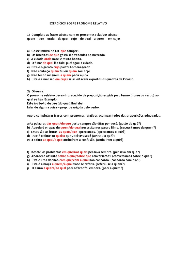 Exercícios de Pronomes Relativos 9º Ano | PDF | Artes Linguísticas e ...