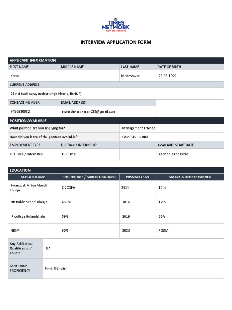 Visa Interview Application Form