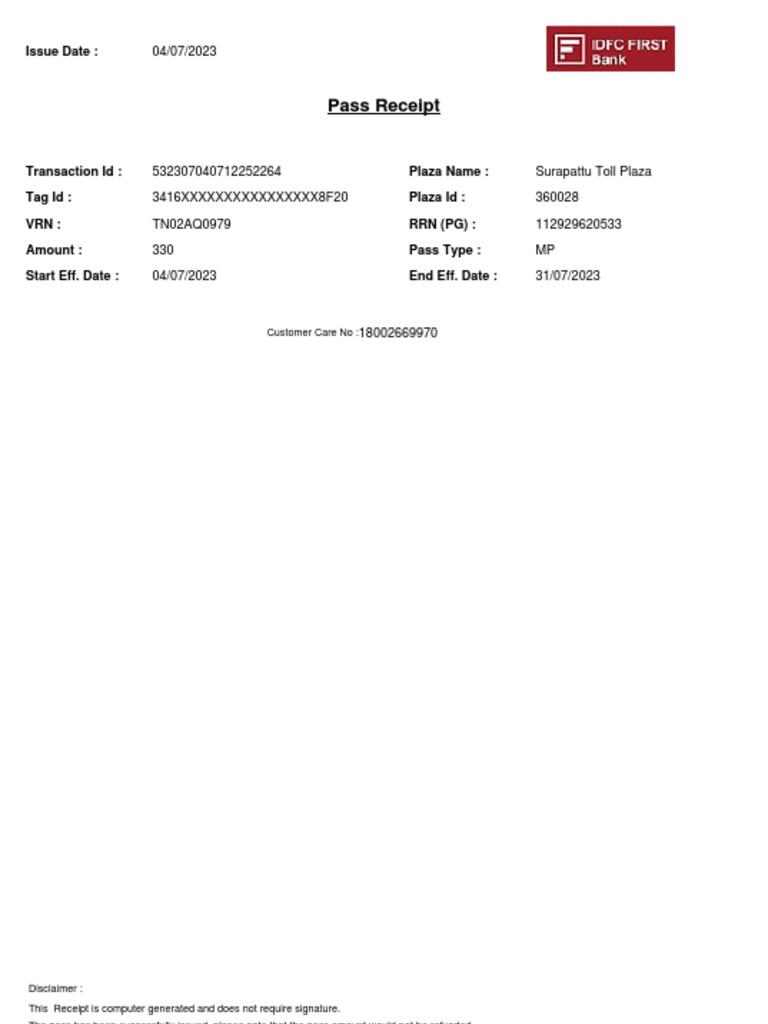 Surapattu Toll Plaza Pass Receipt | PDF