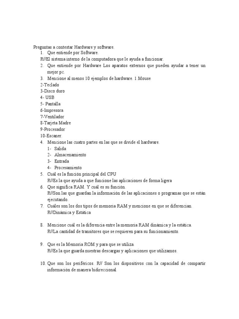 Preguntas A Contestar Hardware y Software1 PDF Hardware de la