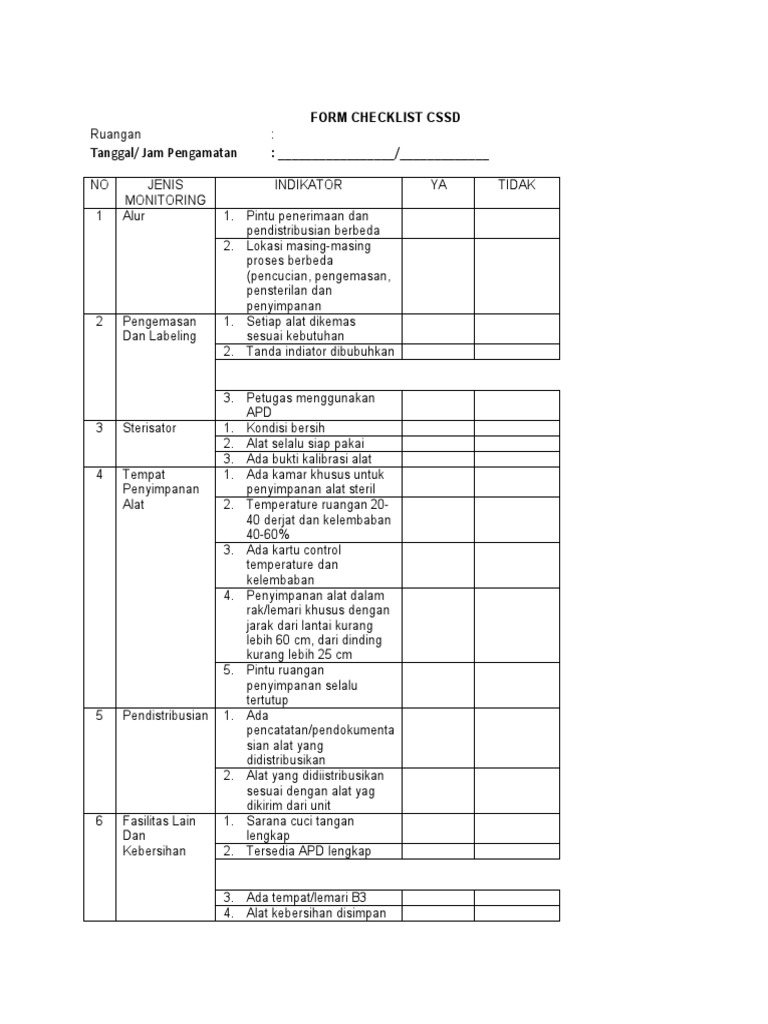 Checklist Ruang CSSD untuk Monitoring | PDF