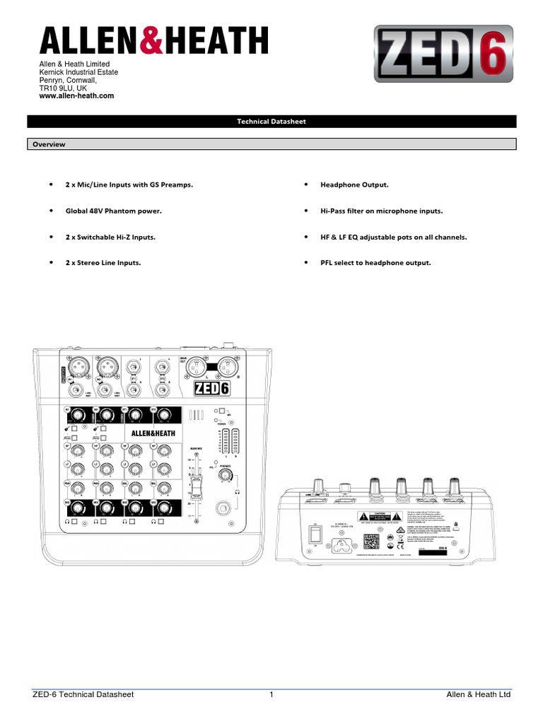 ZED-6 Mixer Technical Datasheet | PDF | Microphone | Computer Engineering