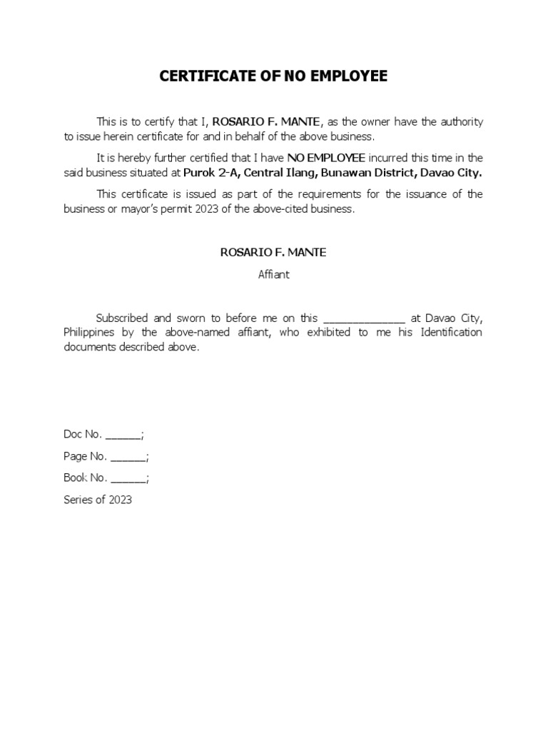 Certificate of No Employee PDF