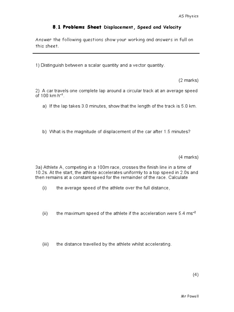 AS Physics: Motion Problem Sheet | PDF